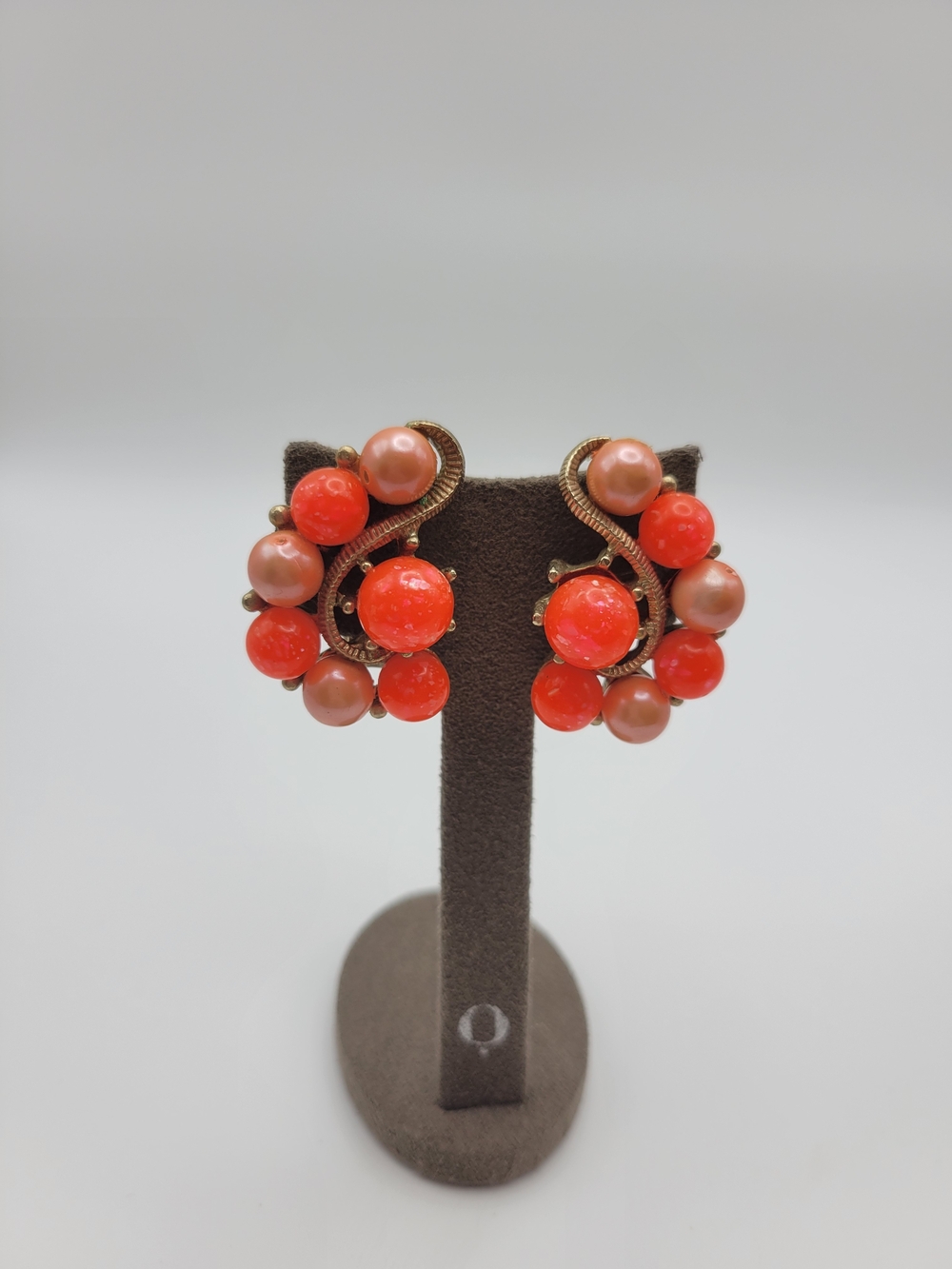 Vintage Neon Orange And Pearl Clip on Pakula Earrings
